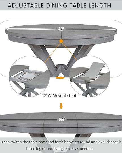 Merax Dining Set with Extendable Round Table and 4 Upholstered Chairs, Grey, 5-Piece Retro, Gray - LeafyLoom