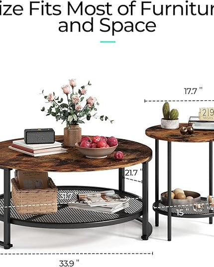 LINSY Home Round Coffee Table Set of 3 for Living Room, Industrial Coffee Table with Open Storage, Rustic Wood Surface Top & Sturdy Metal Legs Large Circle Coffee Table, Brown and Black - LeafyLoom