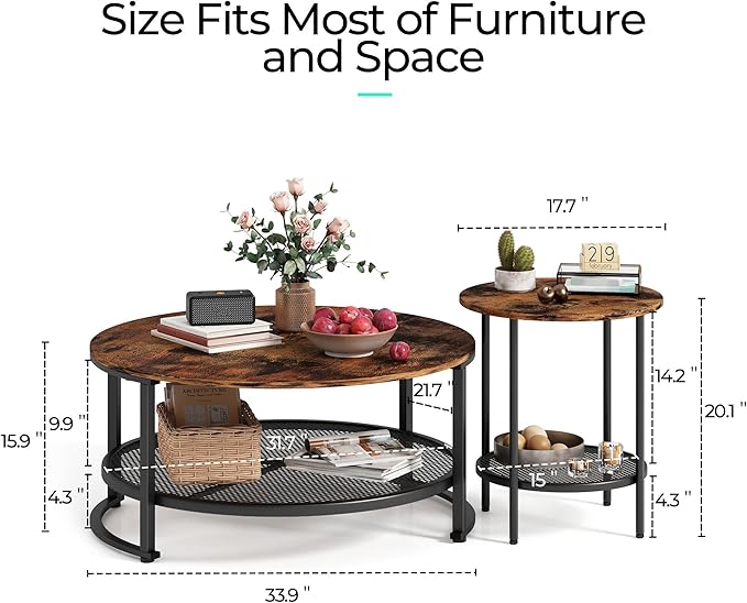 LINSY Home Round Coffee Table Set of 3 for Living Room, Industrial Coffee Table with Open Storage, Rustic Wood Surface Top & Sturdy Metal Legs Large Circle Coffee Table, Brown and Black - LeafyLoom