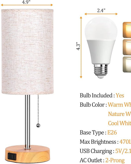 Dott Arts Table Lamp for Bedroom, 3-Color Bedside Lamps with Pull Chain, Bedroom Table Lamps for Nightstand,Small Lamp for Living Room, Bulb Included Oatmeal - LeafyLoom
