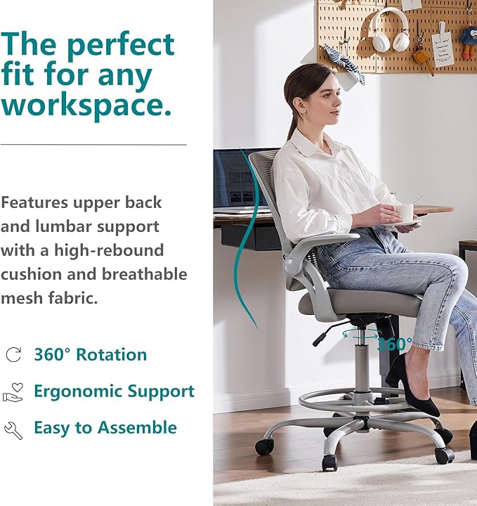 SMUG Drafting Chair, Tall Office Chair Tall Standing Desk Chair Counter Height Adjustable Office Chair with Flip-up Arms, Mid Back Mesh Office Drafting Chair, Grey - LeafyLoom