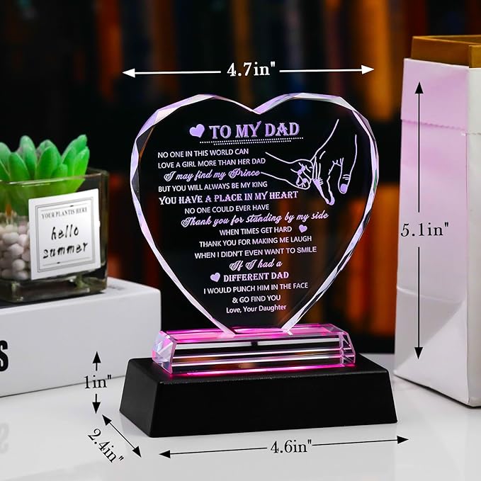 Movdyka to My Dad Fathers Day Glass Keepsake Gifts for Dad from Daughter with LED Base, Birthday Unique Gifts for Dad Who Wants Nothing Meaningful Present for Father on Christmas Thanksgiving Day - LeafyLoom