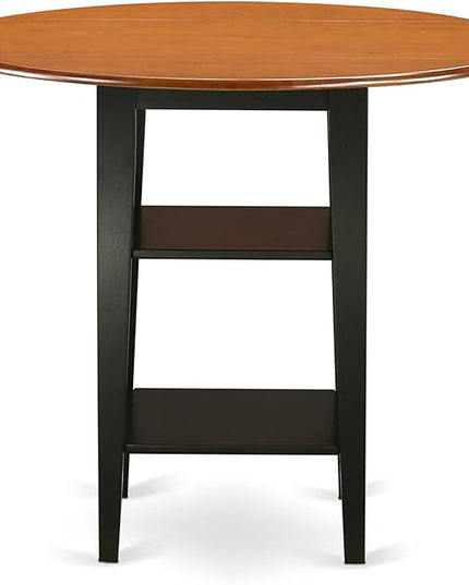 East West Furniture SUKE3H-BCH-W Sudbury 3 Piece Counter Height Set Contains a Round Wooden Table with Dropleaf & Shelves and 2 Kitchen Dining Chairs, 42x42 Inch - LeafyLoom