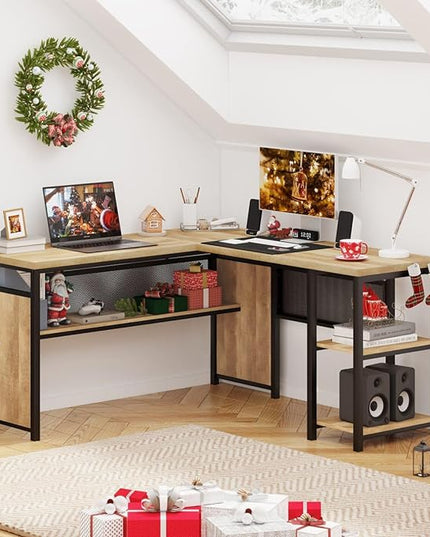 FATORRI L Shaped Computer Desk, Industrial Office Desk with Shelves, Reversible Wood and Metal Corner Desk for Home Office (Rustic Oak, 59 Inch) - LeafyLoom