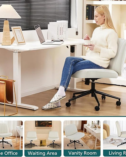 OLIXIS Cross Legged Armless Wide Adjustable Swivel Padded Home Office Desk Chair, Cream with Wheels - LeafyLoom