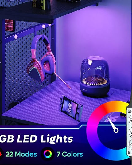 Bestier Gaming Desk with Drawer and LED Lights, 48 inch Computer Desk PC Table with Adjustable Storage Shelves & Hook for Home Office, Carbon Fiber Black - LeafyLoom
