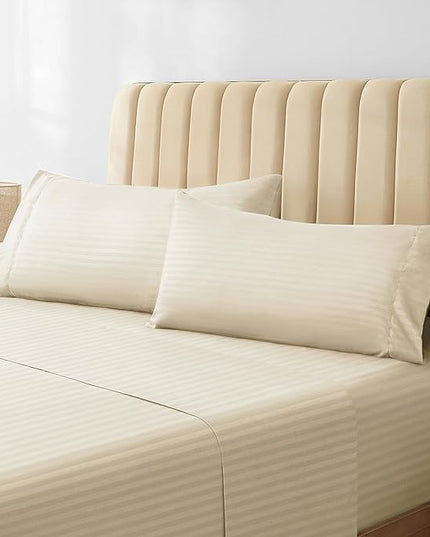 LuxClub Striped Sheets, 4 PC Striped Bed Sheets Twin Size for-Boys-and-Girls-Deep Pockets 18" Eco Friendly Wrinkle Free-Kids-Fitted Sheets Machine Washable Hotel Bedding (Twin XL, Cream) - LeafyLoom