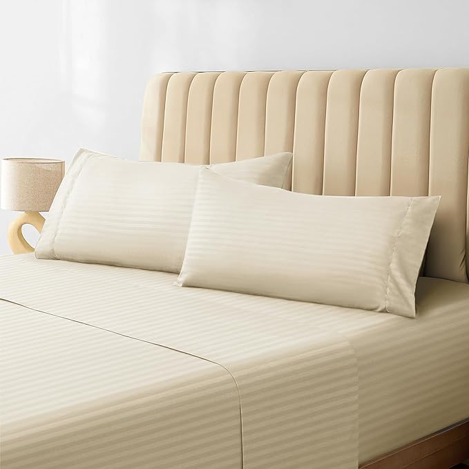LuxClub Striped Sheets, 4 PC Striped Bed Sheets Twin Size, Deep Pockets 18" Eco Friendly Wrinkle Free-Kids-Fitted Sheets Machine Washable Hotel Bedding (Twin, Cream) - LeafyLoom