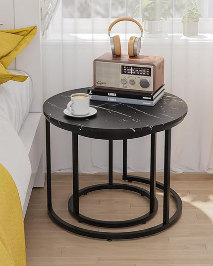 Black Nesting Coffee Table Set of 2, 23.6" Round Coffee Table Wood Grain Top with Adjustable Non-Slip Feet, Industrial End Table Side Tables for Living Room Bedroom Balcony Yard - LeafyLoom