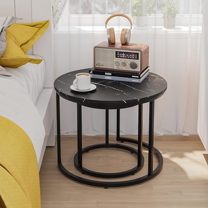 Black Nesting Coffee Table Set of 2, 23.6" Round Coffee Table Wood Grain Top with Adjustable Non-Slip Feet, Industrial End Table Side Tables for Living Room Bedroom Balcony Yard - LeafyLoom