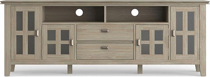 SIMPLIHOME Artisan SOLID WOOD Universal TV Media Stand, 72 inch Wide, Transitional, Living Room Entertainment Center, Storage Cabinet, for Flat Screen TVs up to 80 inches in Distressed Grey - LeafyLoom