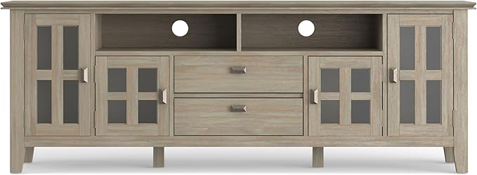 SIMPLIHOME Artisan SOLID WOOD Universal TV Media Stand, 72 inch Wide, Transitional, Living Room Entertainment Center, Storage Cabinet, for Flat Screen TVs up to 80 inches in Distressed Grey - LeafyLoom