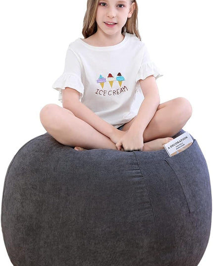 Stuffed Animal Storage Bean Bag Chair Cover (No Filler) for Kids and Adults.Soft Premium Corduroy Stuffable Beanbag for Organizing Children Plush Toys or Memory Foam Small 100L (Dark Grey) - LeafyLoom