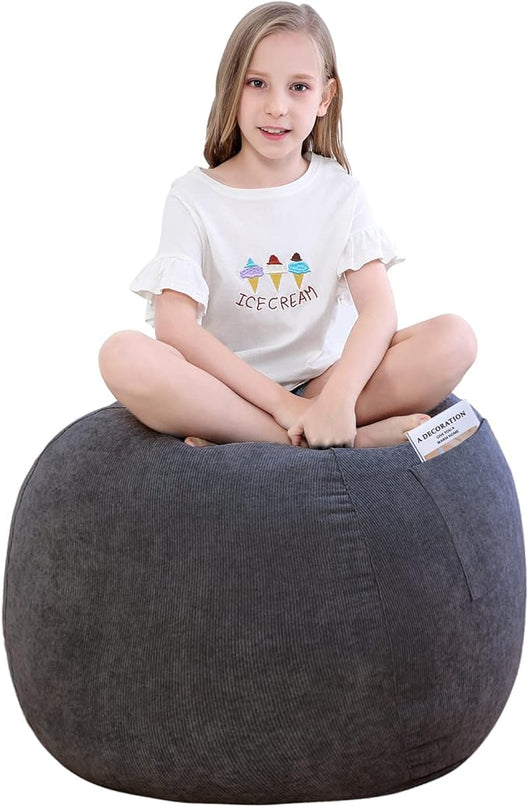 Stuffed Animal Storage Bean Bag Chair Cover (No Filler) for Kids and Adults.Soft Premium Corduroy Stuffable Beanbag for Organizing Children Plush Toys or Memory Foam Small 100L (Dark Grey) - LeafyLoom