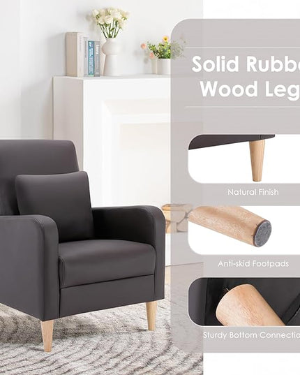 COLAMY Modern Accent Living Room Chairs Set of 2, Upholstered PU Leather Armchair Reading Side Chair, Single Sofa with Back Pillow and Wood Legs, Brown - LeafyLoom
