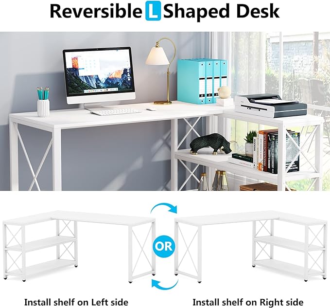 Tribesigns Reversible Industrial L-Shaped Desk with Storage Shelves, Corner Computer Desk PC Laptop Study Table Workstation for Home Office Small Space (White, 59") - LeafyLoom