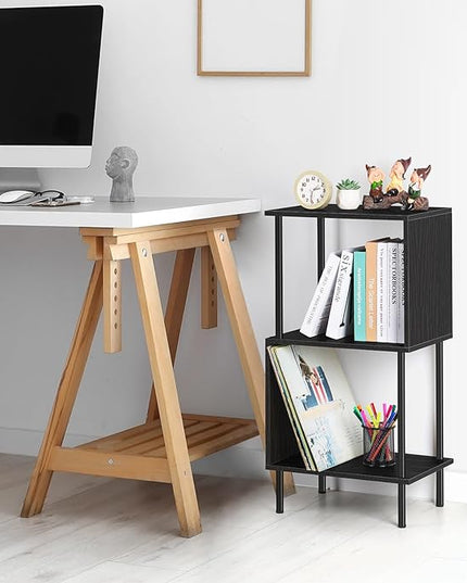 ETELI 3 Tier Small Bookshelf Black Book Shelf for Small Spaces S Shaped Bookcase Organizer for Office, Kids, Living Room Bedroom Home Corner - LeafyLoom