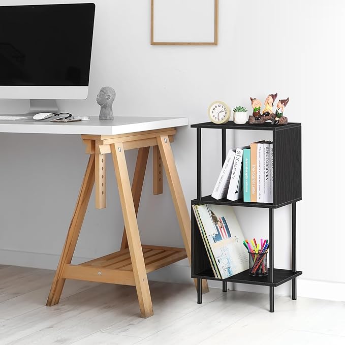 ETELI 3 Tier Small Bookshelf Black Book Shelf for Small Spaces S Shaped Bookcase Organizer for Office, Kids, Living Room Bedroom Home Corner - LeafyLoom