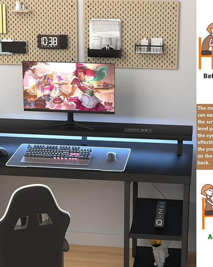 Computer Desk with Drawer and Power Outlets, Gaming Desk with LED Light, Work Desk with Shelves and PC Stand for Home Office (Black) - LeafyLoom