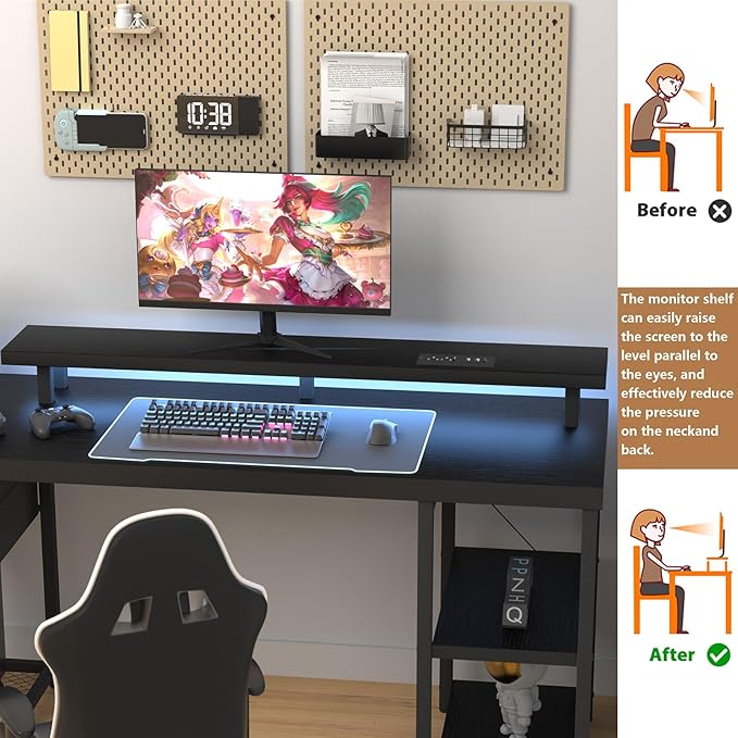 Computer Desk with Drawer and Power Outlets, Gaming Desk with LED Light, Work Desk with Shelves and PC Stand for Home Office (Black) - LeafyLoom