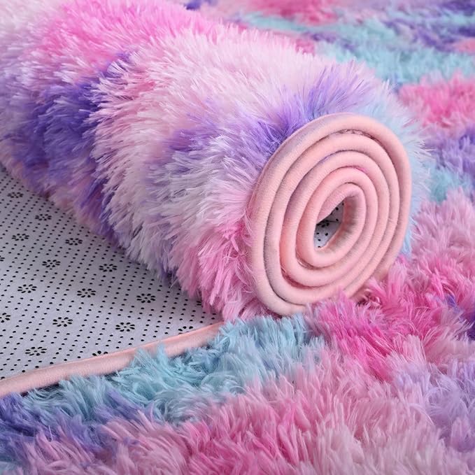 AROGAN Soft Rainbow Area Rugs for Girls Room 4x6 Feet, Fluffy Bedroom Rugs, Princess Rug, Cute Colorful Carpet for Kids Teens Nursery Toddler, Hot Pink - LeafyLoom
