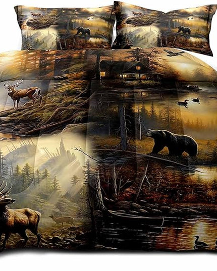 LUVIVIHOME 3PCS Black Bear Deer Cabin Comforter Set King Size, Elk Moose Mallard Duck Woodland Forest Animal Wildlife Hunting Camo Hunter Country Lodge Rustic Farmhouse Bedding Sets, 2 Pillow Cases - LeafyLoom