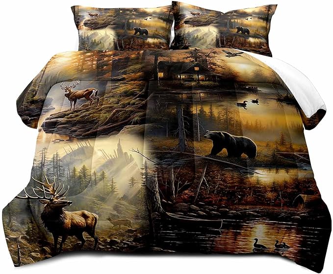 LUVIVIHOME 3PCS Black Bear Deer Cabin Comforter Set Full Size, Elk Moose Mallard Duck Woodland Forest Animal Wildlife Hunting Camo Hunter Country Lodge Rustic Farmhouse Bedding Sets, 2 Pillow Cases - LeafyLoom