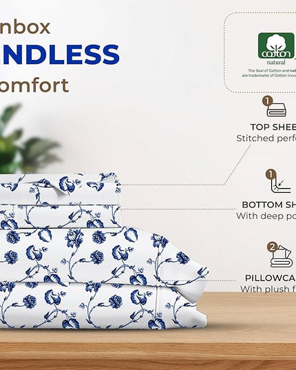 THREAD SPREAD 100% Egyptian Cotton Printed Bed Sheets - 600 Thread Count 4 PC Queen Sheet Set, Hotel Luxury Sateen Bedsheets, 16" Deep Pocket Soft Cooling Sheets for Queen Size Bed - Floral Blue - LeafyLoom