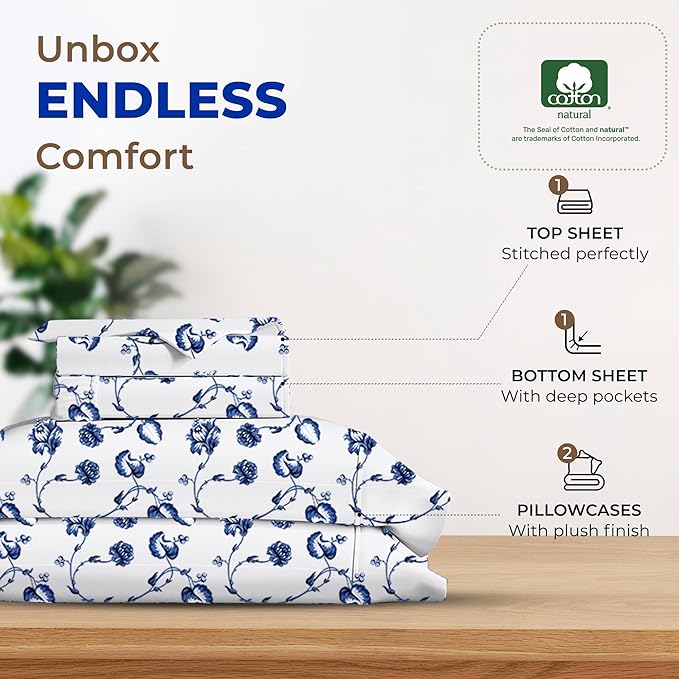 THREAD SPREAD 100% Egyptian Cotton Printed Bed Sheets - 600 Thread Count 4 PC Queen Sheet Set, Hotel Luxury Sateen Bedsheets, 16" Deep Pocket Soft Cooling Sheets for Queen Size Bed - Floral Blue - LeafyLoom