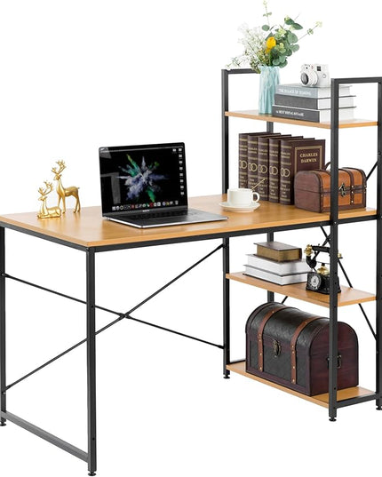 Wood and Metal Industrial Home Office Computer Desk with Bookshelves, Natural - LeafyLoom