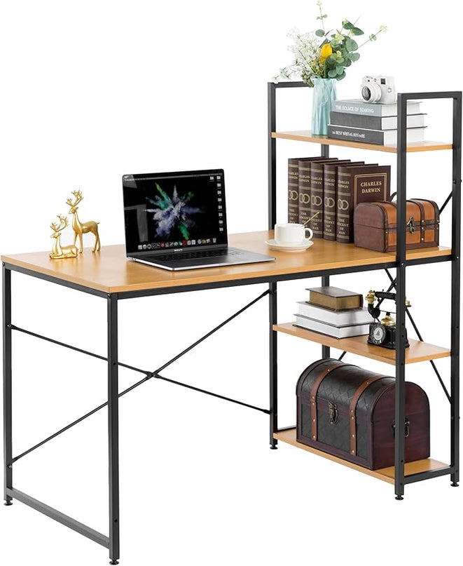 Wood and Metal Industrial Home Office Computer Desk with Bookshelves, Natural - LeafyLoom
