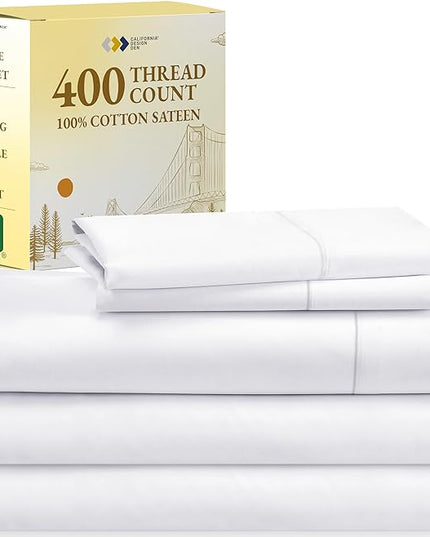 California Design Den Split King Sheets Sets for Adjustable Bed, Good Housekeeping Award Winner, 400 Thread Count 100% Cotton Sheets, Soft Sateen Bed Sheets Set - 2 Twin-XL Fitted Sheets, White Sheets - LeafyLoom