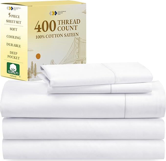 California Design Den Split King Sheets Sets for Adjustable Bed, Good Housekeeping Award Winner, 400 Thread Count 100% Cotton Sheets, Soft Sateen Bed Sheets Set - 2 Twin-XL Fitted Sheets, White Sheets - LeafyLoom
