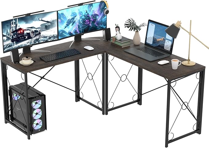 VECELO 59"x59" L Shaped Desk for Computer Gaming Multi-Usage Long 2 Person Table for Home Office Sturdy Writing Workstation, Easy Assembly/Saving Space, Oak Gray - LeafyLoom
