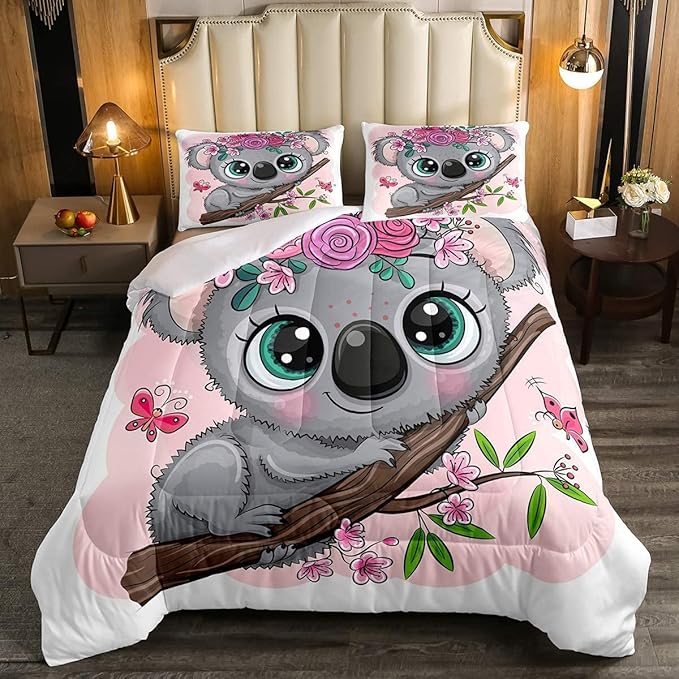 Erosebridal Cartoon Koala Comforter Set King Size, Cute Koala Bedding Set, Cherry Blossom Rose Quilted Duvet for Kids Baby Toddler, Nursery Quilt Set, Butterfly Branch Leaves Duvet Set - LeafyLoom