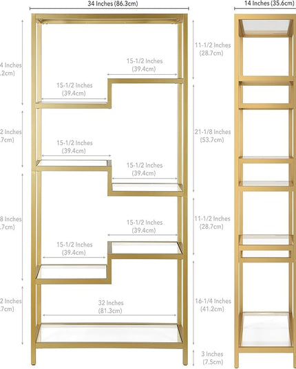 Henn&Hart 68" Tall Rectangular Bookcase in Brass, for Home Office, Living Room - LeafyLoom