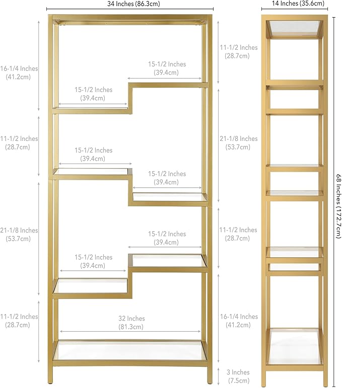 Henn&Hart 68" Tall Rectangular Bookcase in Brass, for Home Office, Living Room - LeafyLoom
