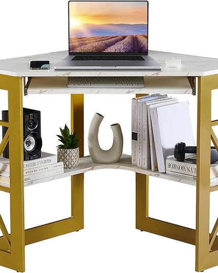 VECELO Corner Computer Desk 41 x 30 inches with Smooth Keyboard & Storage Shelves for Home Office Workstation, White & Gold - LeafyLoom