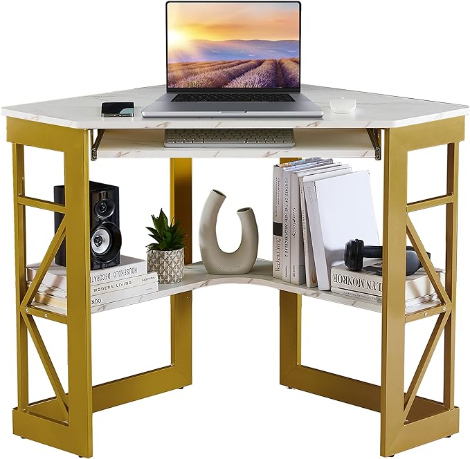 VECELO Corner Computer Desk 41 x 30 inches with Smooth Keyboard & Storage Shelves for Home Office Workstation, White & Gold - LeafyLoom
