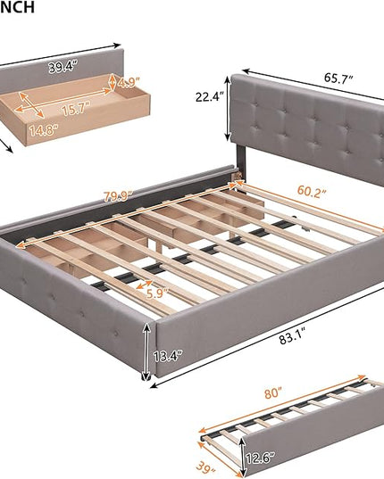Size Upholstered Platform Bed with Headboard, Twin XL Trundle and 2 Drawers Storage, Linen Fabric Bedframe for Bedroom, Queen (U.S. Standard), Light Gray - LeafyLoom