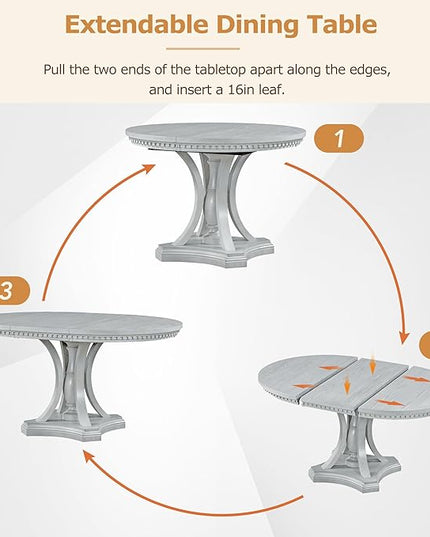 NicBex Small Dining Table Set for 4 Kitchen Table Set Retro 5-Piece Dining Set Extendable Round Table and 4 Chairs for Kitchen, Dining Room, Space-Saving, Antique Gray - LeafyLoom