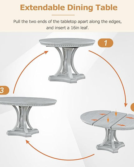 Retro Style 5 Piece Set with Extendable Freely AdjustableRound Table and 4 Chairs, Full Assembly Required, for Dining Room, Kitchen, Antique Gray 30 - LeafyLoom