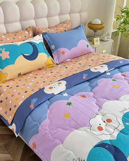 Kids Moon Stars Cloud Comforter Set Twin size - 7 Piece Rainbow Kawaii Bedding Set Bed in A Bag for Girls Boys Teens - Goodnight Moon Neutral Soft Comfortable Machine Washable Bed Set - LeafyLoom