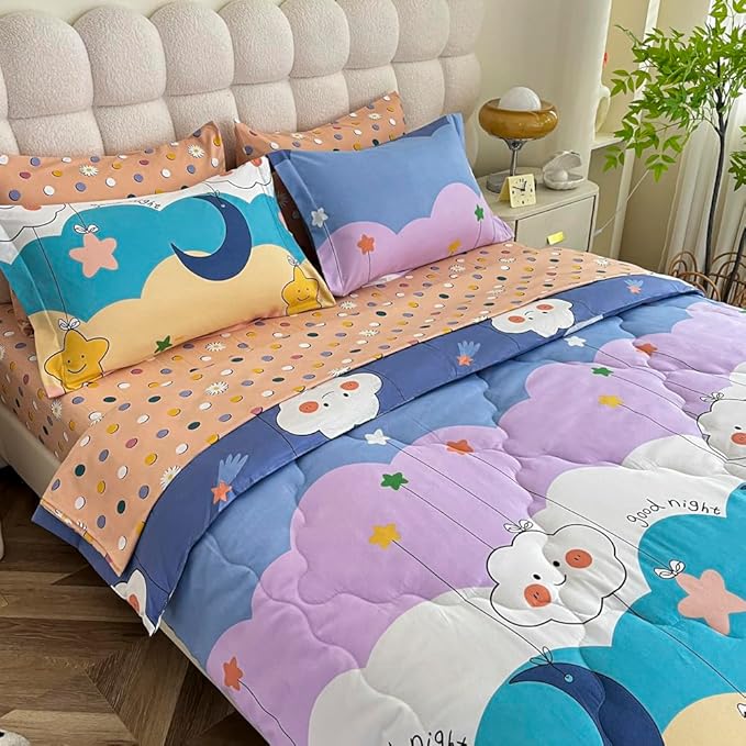 Kids Moon Stars Cloud Comforter Set Twin size - 7 Piece Rainbow Kawaii Bedding Set Bed in A Bag for Girls Boys Teens - Goodnight Moon Neutral Soft Comfortable Machine Washable Bed Set - LeafyLoom