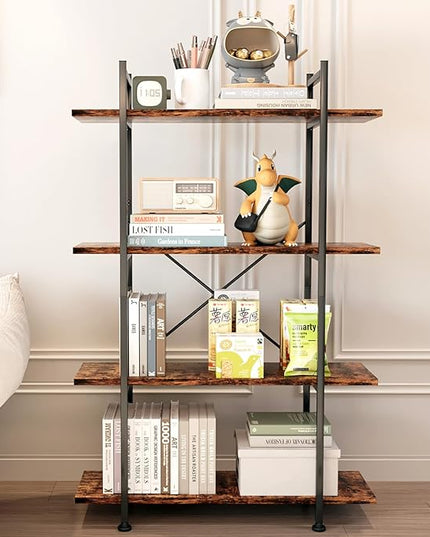 4 Tiers Bookshelf Rustic Brown Wooden Storage Shelf, Industrial shelf Book Organizer,Modern Open Display Storage Bookcase,Metal Bookshelf Standing Tall Shelving Units for Home Office Study. - LeafyLoom