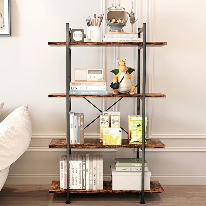 4 Tiers Bookshelf Rustic Brown Wooden Storage Shelf, Industrial shelf Book Organizer,Modern Open Display Storage Bookcase,Metal Bookshelf Standing Tall Shelving Units for Home Office Study. - LeafyLoom