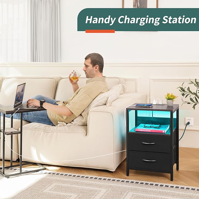 Yoobure Nightstand with Charging Station, LED Night Stand with Fabric Drawers and Storage Shelf for Bedroom, Nightstands Bedside Tables with USB Ports & Outlets, Small Night Stands, Bed Side Table - LeafyLoom
