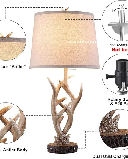 Dungoo Rustic Western Table Lamp Set of 2, 26" Farmhouse Table Lamp for Bedroom with 2 USB Ports, Natural Antler Table Lamp for Christmas Living Room Gift Foyer Office (Rustic Brown) - LeafyLoom