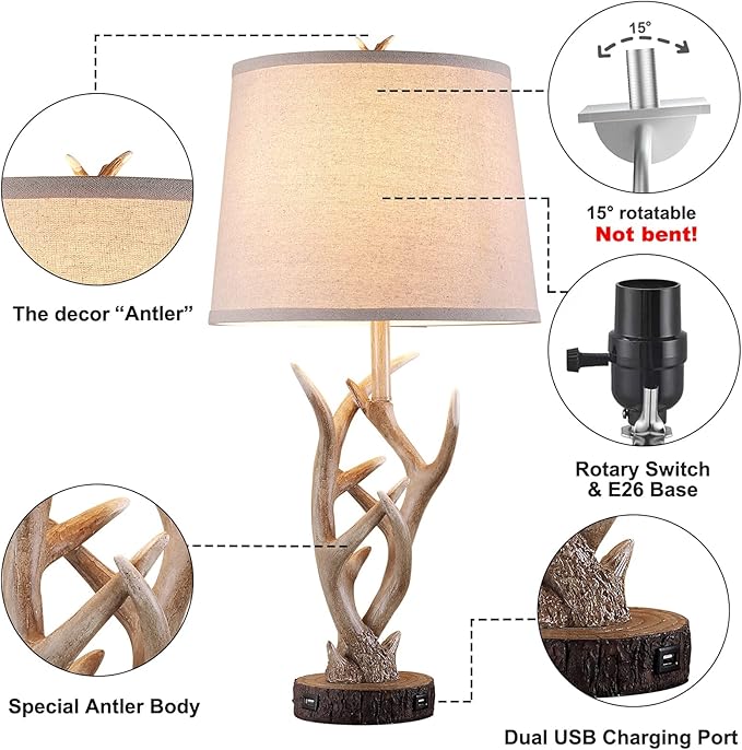 Dungoo Rustic Western Table Lamp Set of 2, 26" Farmhouse Table Lamp for Bedroom with 2 USB Ports, Natural Antler Table Lamp for Christmas Living Room Gift Foyer Office (Rustic Brown) - LeafyLoom