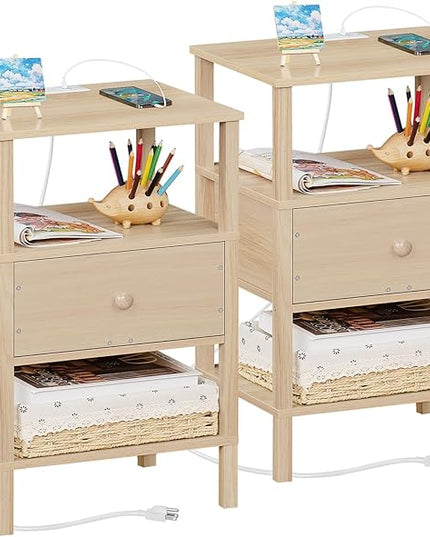 Lerliuo Nightstand Set of 2 with Charging Station and USB Ports, 3-Tier Storage End Table with Drawer Shelf, Night Stand for Small Spaces, Wood Bedside Table for Living Room, Bedroom-Light Wood Grain - LeafyLoom